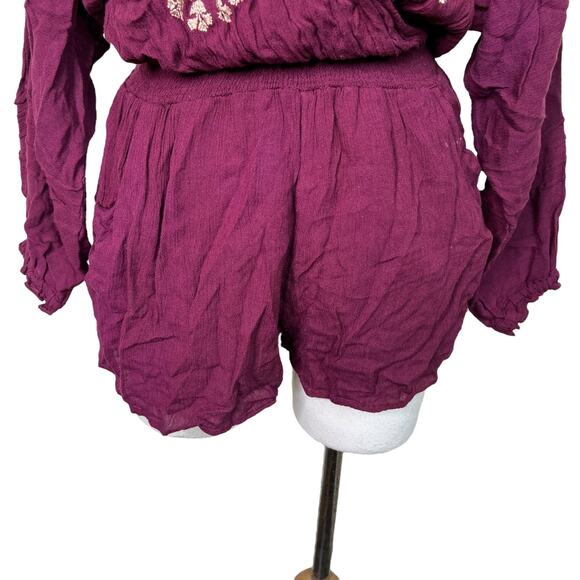 Free People Embroidered Faux Wrap Cold Shoulder Gauze Romper Maroon Womens XS - Picture 4 of 7